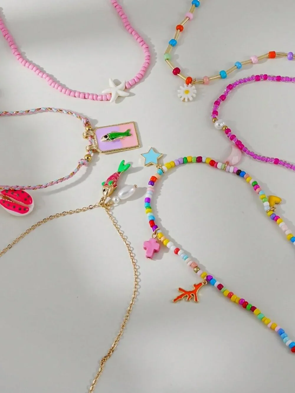 6pc Y2K Colorful Beaded Layered Necklace Set Boho Beach Charms